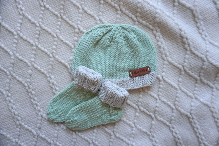Welcome Home Hat and Sock Set – Hand-Knit Cashmere and Merino Wool Newborn Coming Home Outfit | Light Green & Gray