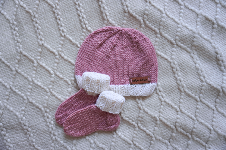 Welcome Home Hat and Sock Set – Hand-Knit Cashmere and Merino Wool Newborn Coming Home Outfit | Dark Pink & Cream
